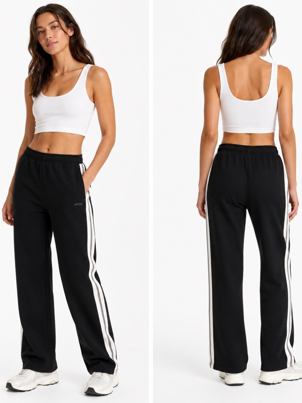 Aritzia Cozy Fleece Sweatpants Women's Black Track Pants with White BrownStripes